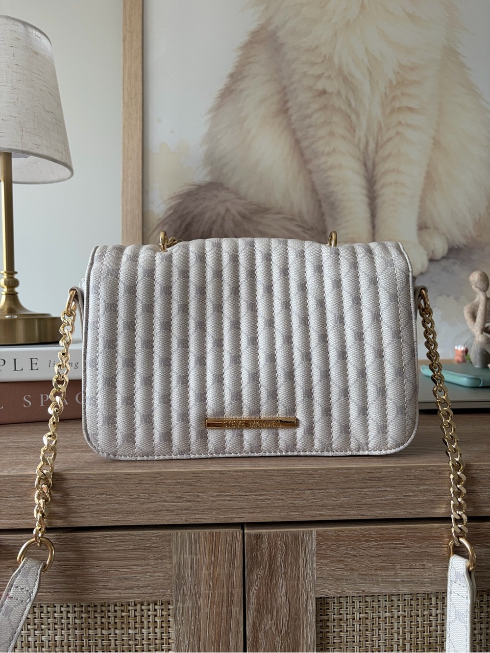 Steve Madden Quilted Cream Shoulder Bag with Gold Chain